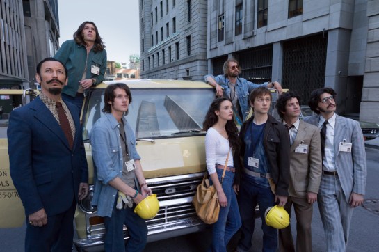 (L to R) Barry Greenhouse (Steve Valentine), David (Benedict Samuel), Jeff (Cesar Domboy), Annie (Charlotte Le Bon), Jean Pierre (James Badge Dale), Philippe Petit (Joseph Gordon-Levitt), Jean Louis (Clement Sibony) and Albert (Ben Schwartz) in TriStar Pictures' THE WALK.